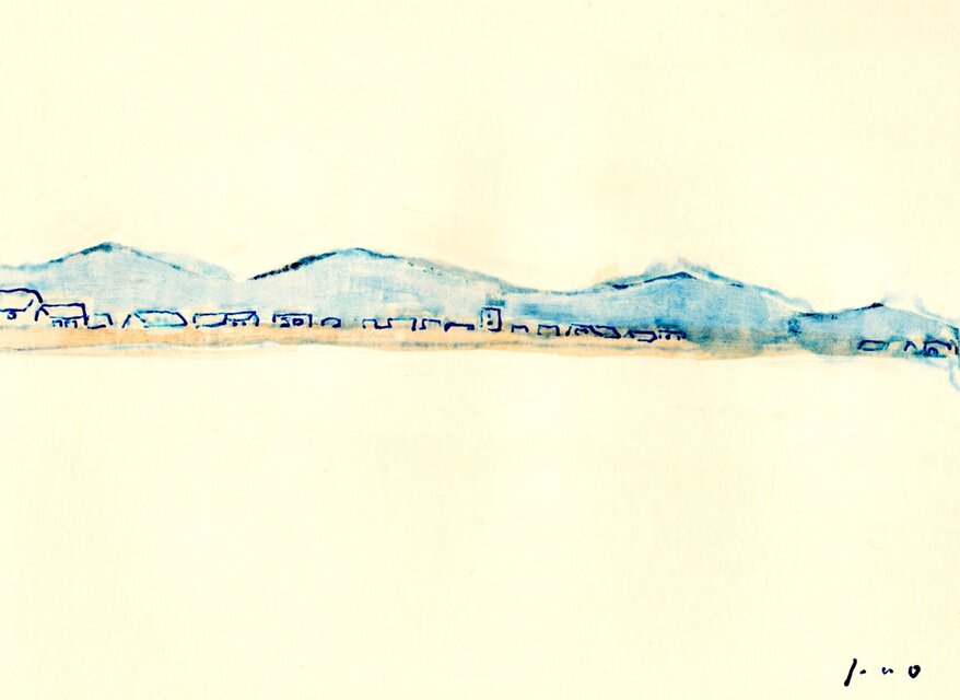 原画「山のある景色」 ※木製額縁入り（インチサイズ）水彩・風景画