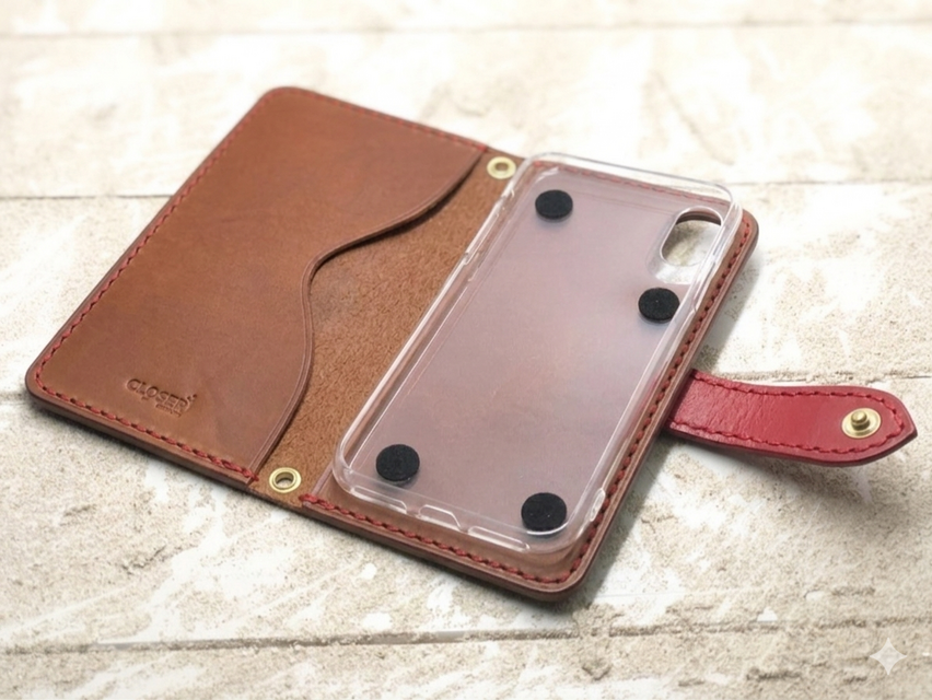 iPhone & android 手帳型 レザーケース ブラウン×レッド | iichi 日々