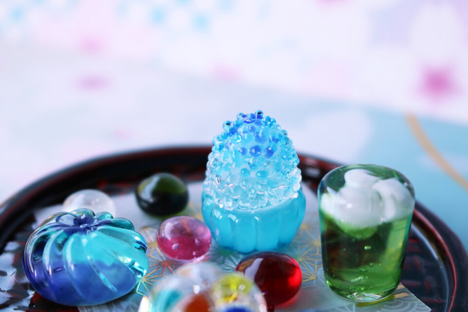 ガラスの和菓子セット(夏の和菓子)☆ガラスのミニチュア和菓子店