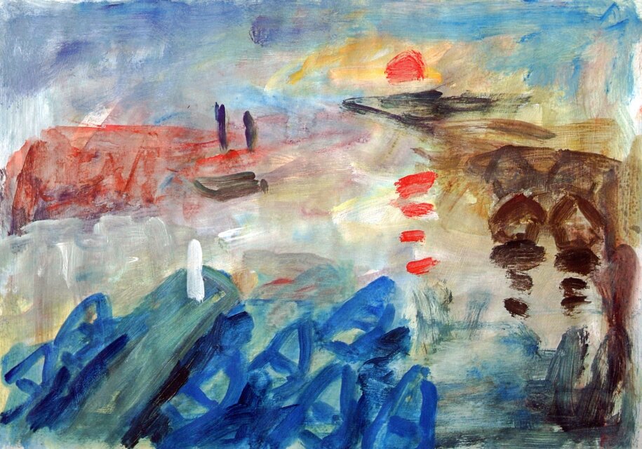 漁船 水彩画 額装品 夕日の海に浮かぶモロッコの漁船(額装） | iichi 日々の暮らしを