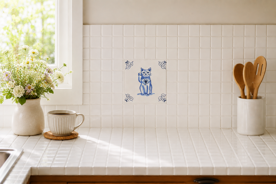 レンガ調タイル（観葉植物 猫）デコパージュ　猫雑貨　ペット　キッチンタイル　北欧 幸せを呼ぶ招き猫のタイル | iichi 日々の暮らしを心地よくする
