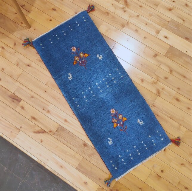 ペルシャ ギャッベ ミニランナー マット ラグ 114x45cm 青色 花