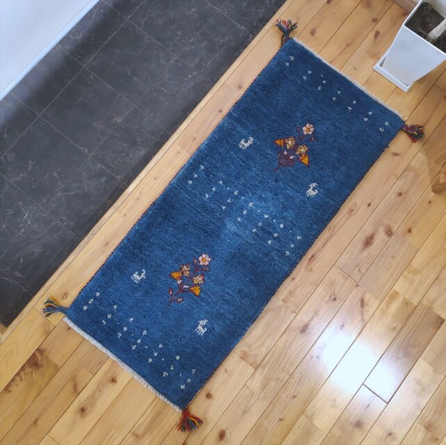 ペルシャ ギャッベ ミニランナー マット ラグ 114x45cm 青色 花