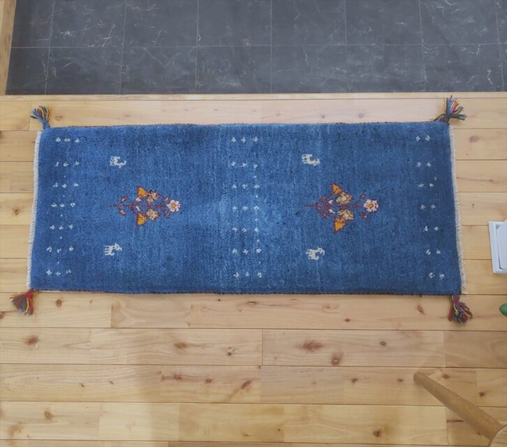 ペルシャ ギャッベ ミニランナー マット ラグ 114x45cm 青色 花