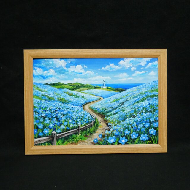 油絵 絵画 原画【奇跡の青に染まる岬】海 風景画 ネモフィラ 灯台 春