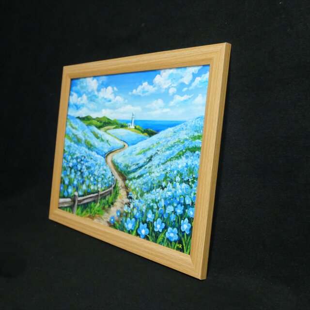 【額付き】光る川 風景画 油絵 原画 0号 インテリア 油絵 絵画 原画【奇跡の青に染まる岬】海 風景画 ネモフィラ 灯台 春