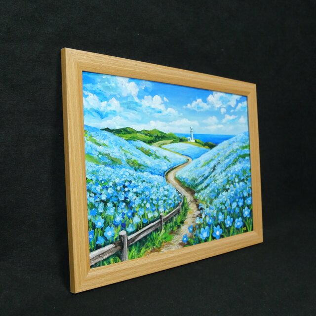 油絵 絵画 原画【奇跡の青に染まる岬】海 風景画 ネモフィラ 灯台 春