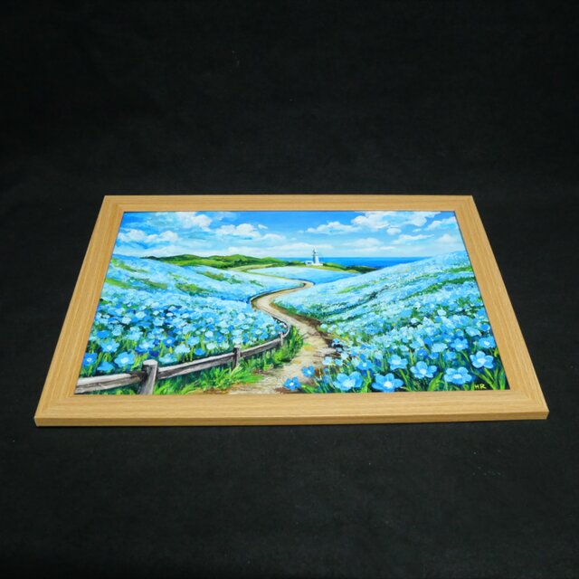 油絵 絵画 原画【奇跡の青に染まる岬】海 風景画 ネモフィラ 灯台 春