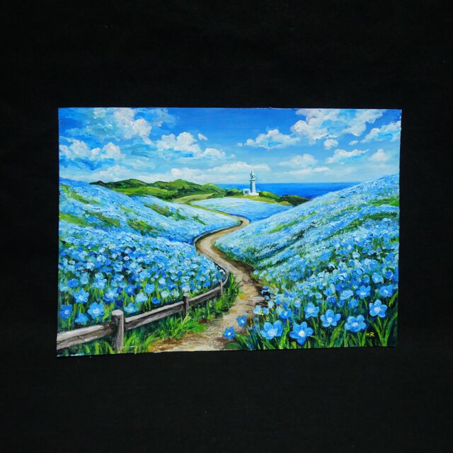 油絵 絵画 原画【奇跡の青に染まる岬】海 風景画 ネモフィラ 灯台 春