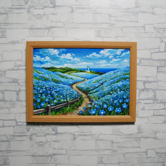油絵 絵画 原画【奇跡の青に染まる岬】海 風景画 ネモフィラ 灯台 春