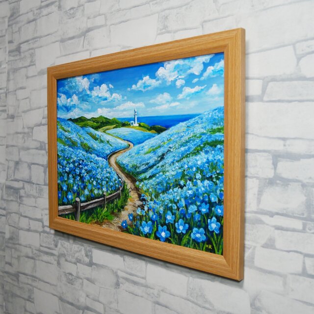 『沈黙に溶ける息づかい』 油彩画 F4 一点物 原画 インテリア アート 油絵 絵画 原画【奇跡の青に染まる岬】海 風景画 ネモフィラ 灯台 春