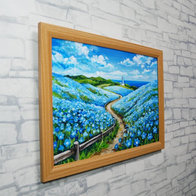 油絵 絵画 原画【奇跡の青に染まる岬】海 風景画 ネモフィラ 灯台 春