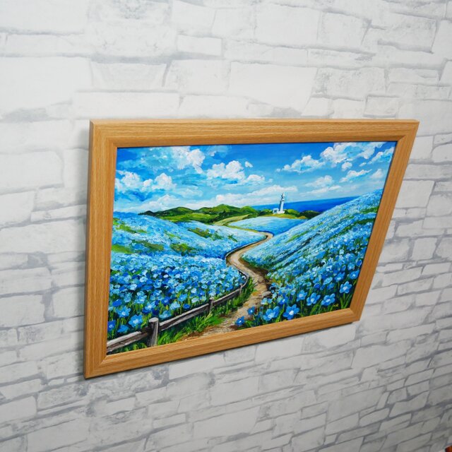 油絵 絵画 原画【奇跡の青に染まる岬】海 風景画 ネモフィラ 灯台 春