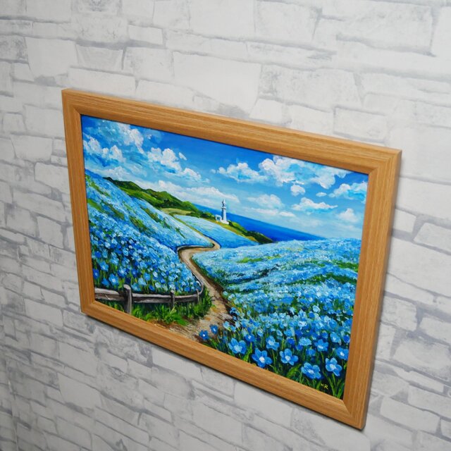 絵画 　油絵　額縁 油絵 絵画 原画【奇跡の青に染まる岬】海 風景画 ネモフィラ 灯台 春
