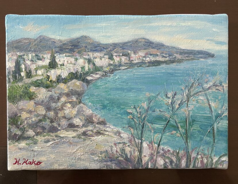 青い地中海(油絵0号、キャンバス、風景画、スペイン) | iichi 日々の