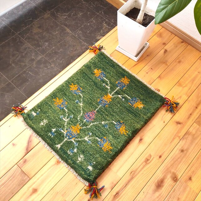 ペルシャ ギャッベ 玄関マット小 ラグ 53.5x43cm 緑色 ザクロの木