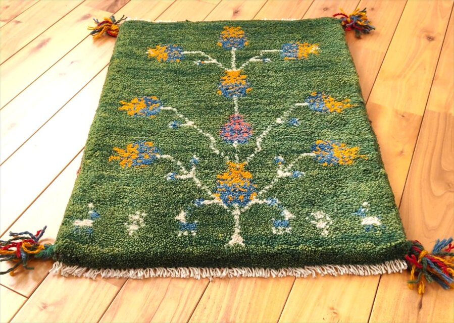 ペルシャ ギャッベ 玄関マット小 ラグ 53.5x43cm 緑色 ザクロの木