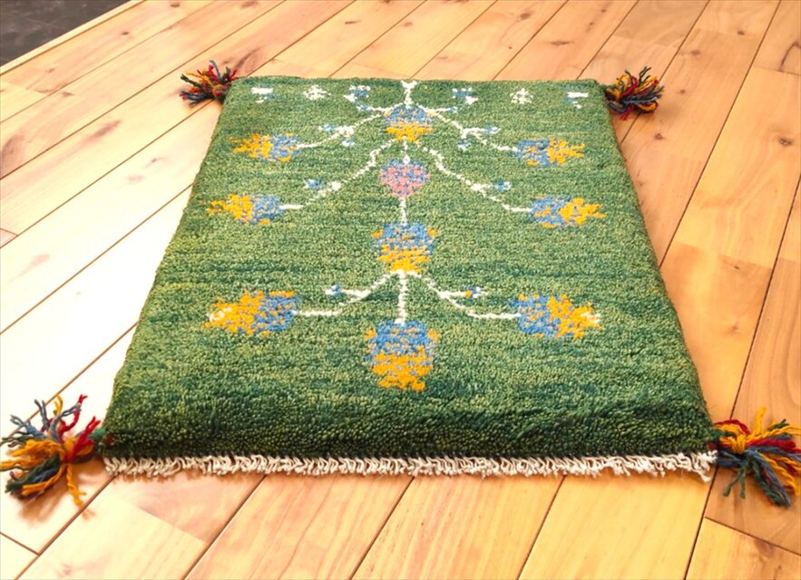 ペルシャ ギャッベ 玄関マット小 ラグ 53.5x43cm 緑色 ザクロの木
