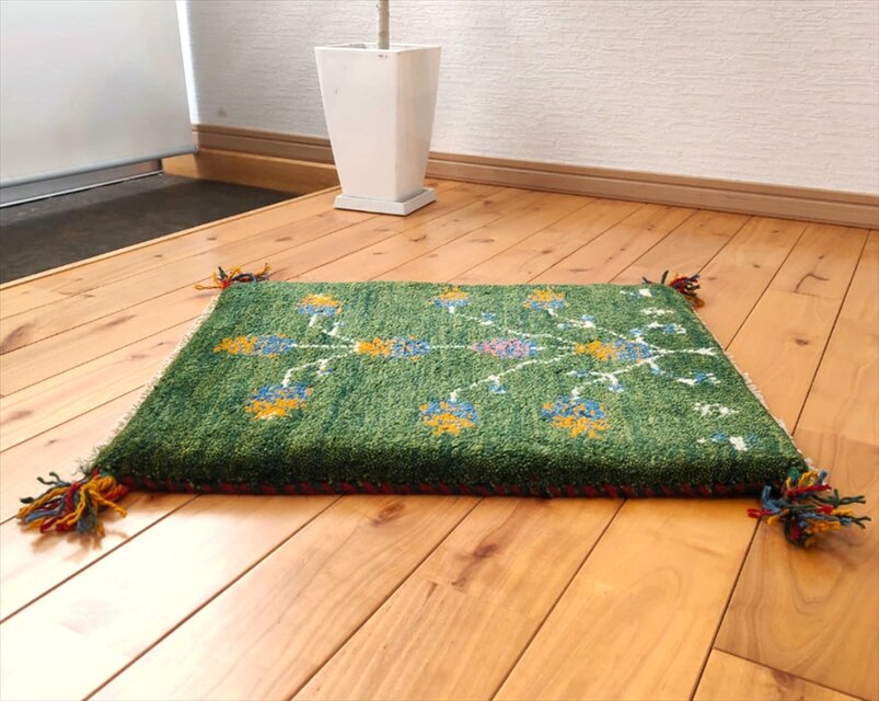 ペルシャ ギャッベ 玄関マット小 ラグ 53.5x43cm 緑色 ザクロの木