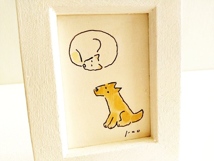 受注制作】ミニ原画「2匹の犬」・イラスト・水彩・犬の絵・送料無料