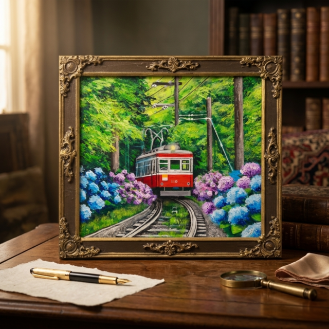原画】初夏の特等席〜紫陽花の咲く線路沿い〜 油絵 絵画 アジサイ 鉄道