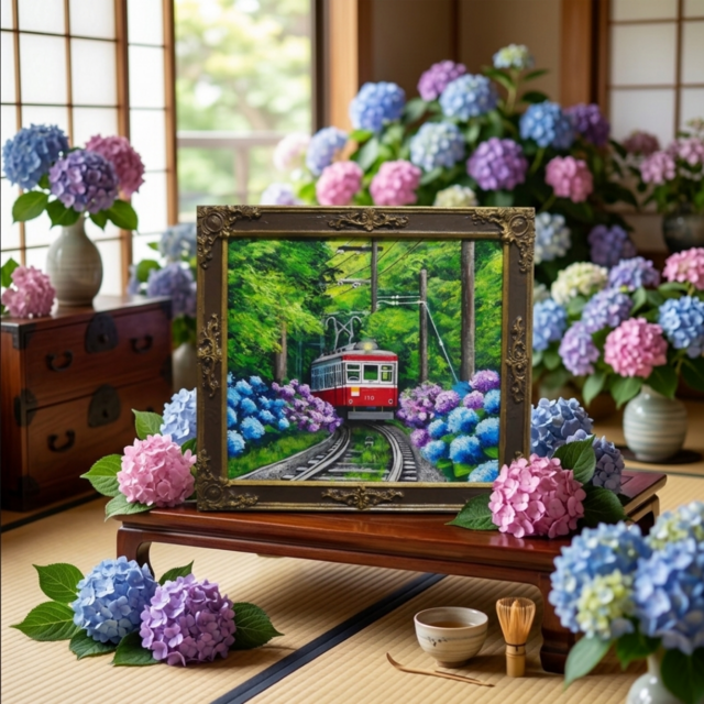 原画】初夏の特等席〜紫陽花の咲く線路沿い〜 油絵 絵画 アジサイ 鉄道