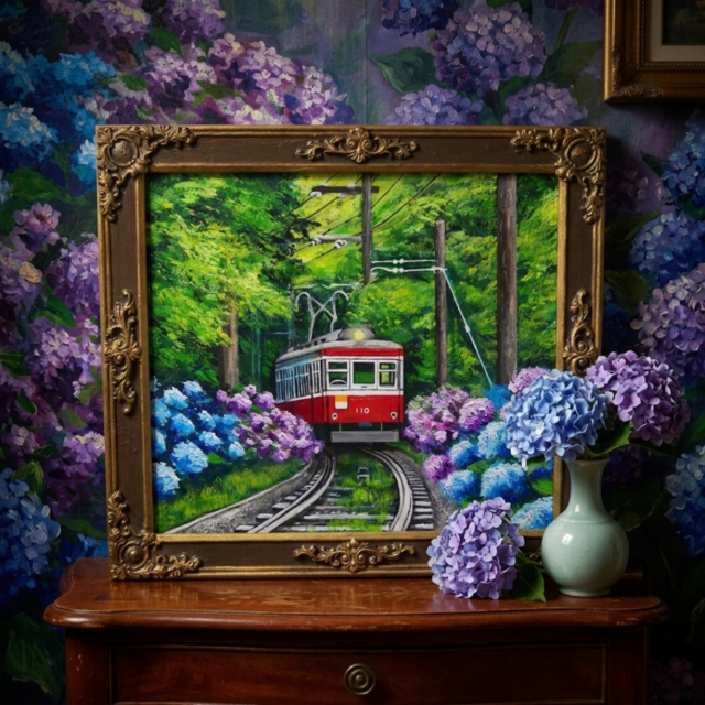 原画】初夏の特等席〜紫陽花の咲く線路沿い〜 油絵 絵画 アジサイ 鉄道