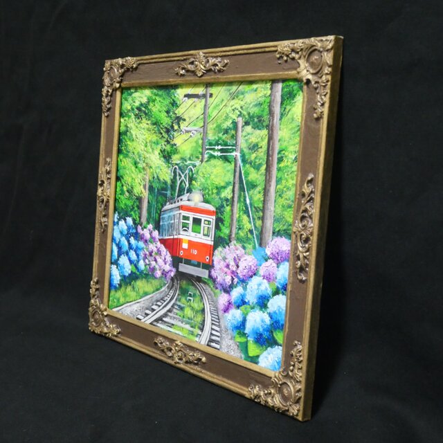 原画】初夏の特等席〜紫陽花の咲く線路沿い〜 油絵 絵画 アジサイ 鉄道