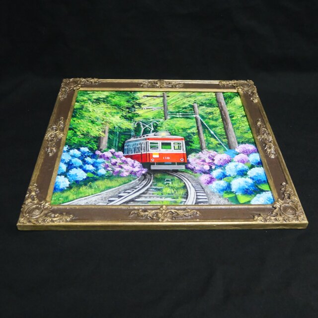 原画】初夏の特等席〜紫陽花の咲く線路沿い〜 油絵 絵画 アジサイ 鉄道
