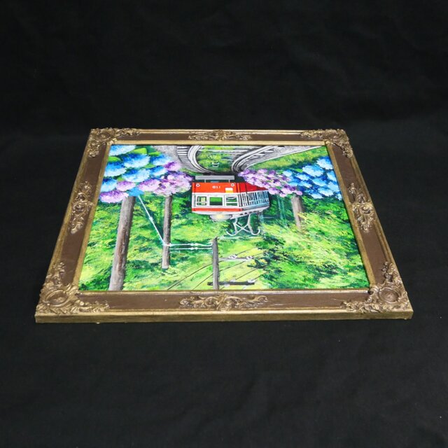 原画】初夏の特等席〜紫陽花の咲く線路沿い〜 油絵 絵画 アジサイ 鉄道