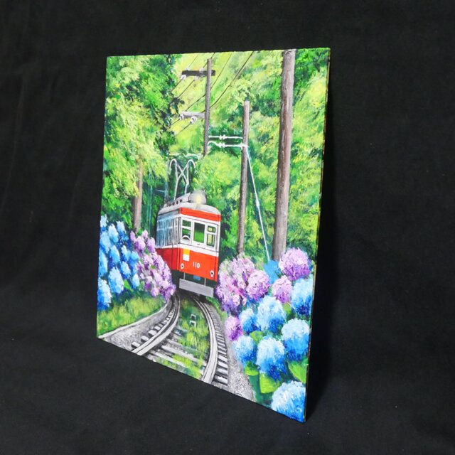 原画】初夏の特等席〜紫陽花の咲く線路沿い〜 油絵 絵画 アジサイ 鉄道