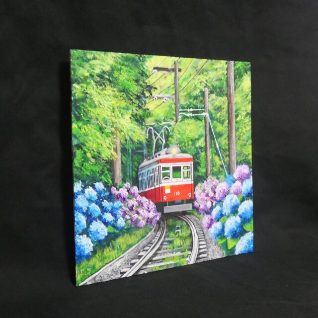 原画】初夏の特等席〜紫陽花の咲く線路沿い〜 油絵 絵画 アジサイ 鉄道