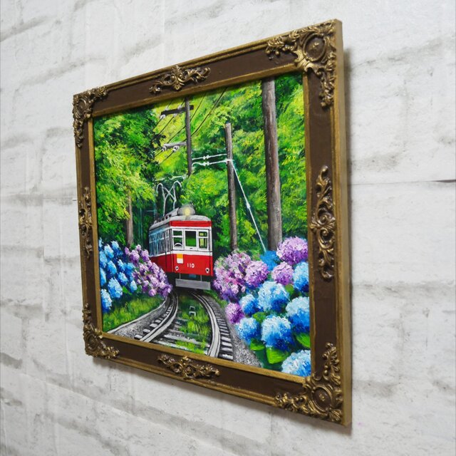 原画】初夏の特等席〜紫陽花の咲く線路沿い〜 油絵 絵画 アジサイ 鉄道