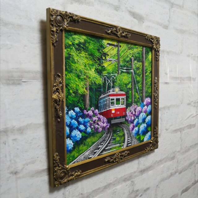 原画】初夏の特等席〜紫陽花の咲く線路沿い〜 油絵 絵画 アジサイ 鉄道