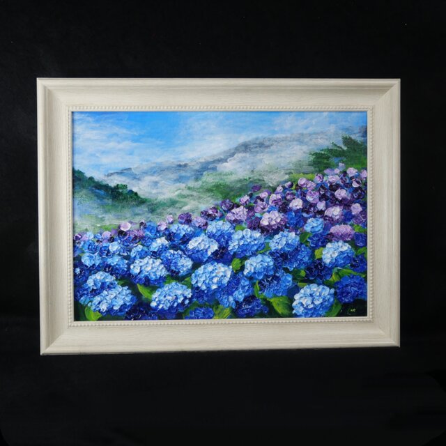 真作】油絵『天空に咲く青の記憶』A4 額装付／紫陽花 雲海 幻想的な
