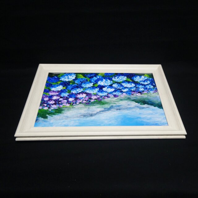 真作】油絵『天空に咲く青の記憶』A4 額装付／紫陽花 雲海 幻想的な