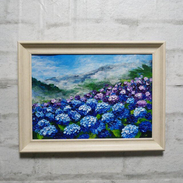 真作】油絵『天空に咲く青の記憶』A4 額装付／紫陽花 雲海 幻想的な