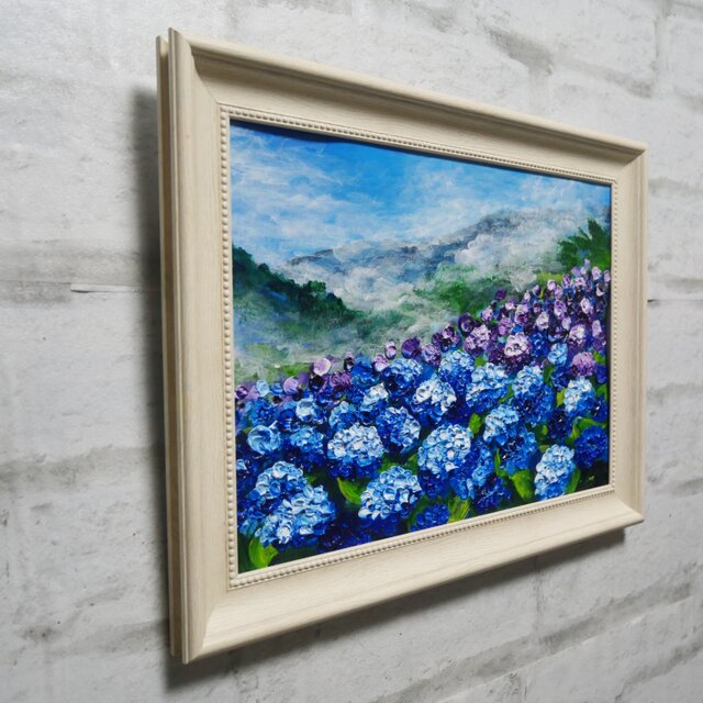 青系油彩額縁作品 真作】油絵『天空に咲く青の記憶』A4 額装付／紫陽花 雲海 幻想的な