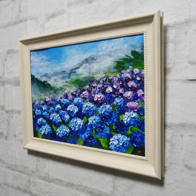 真作】油絵『天空に咲く青の記憶』A4 額装付／紫陽花 雲海 幻想的な