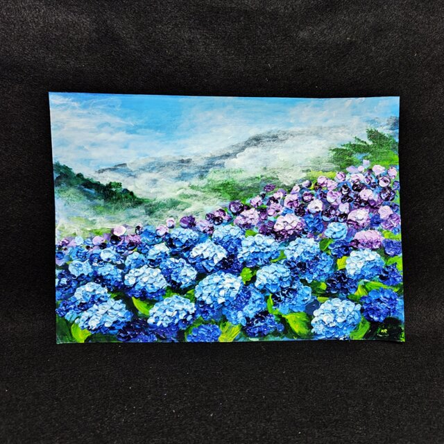 真作】油絵『天空に咲く青の記憶』A4 額装付／紫陽花 雲海 幻想的な