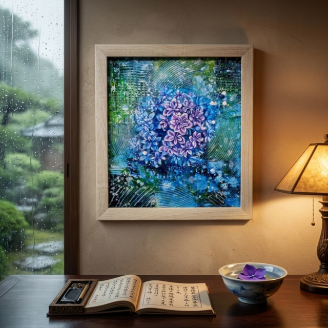 油彩画 原画『万華鏡のなかの雨音』あじさいの絵 額付き｜初夏の
