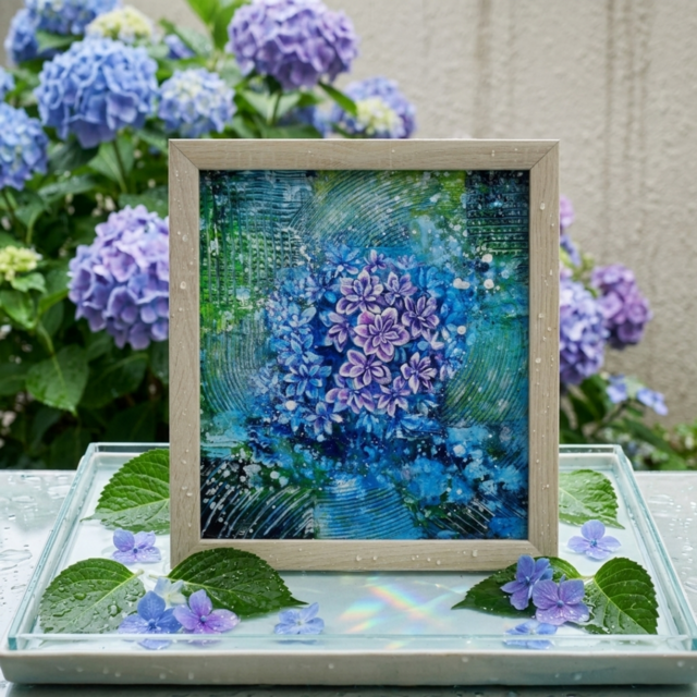 油彩画 原画『万華鏡のなかの雨音』あじさいの絵 額付き｜初夏の