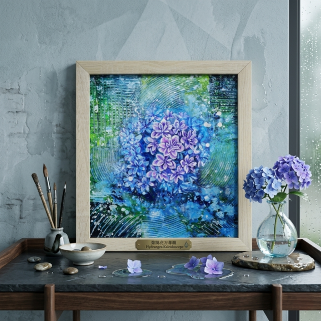 油絵 油彩 油彩画 絵 絵画【暁の光華】 油彩画 原画『万華鏡のなかの雨音』あじさいの絵 額付き｜初夏の