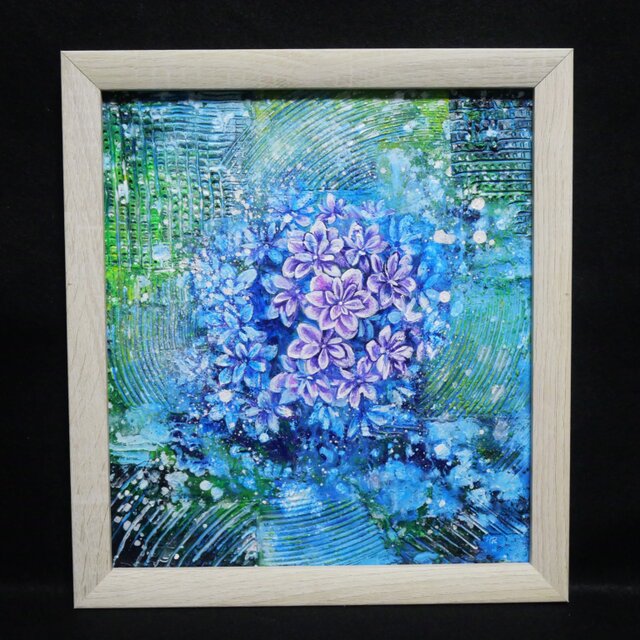 油彩画 原画『万華鏡のなかの雨音』あじさいの絵 額付き｜初夏の
