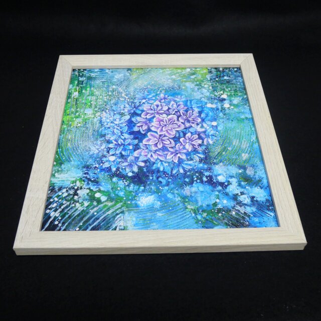 油彩画 原画『万華鏡のなかの雨音』あじさいの絵 額付き｜初夏の