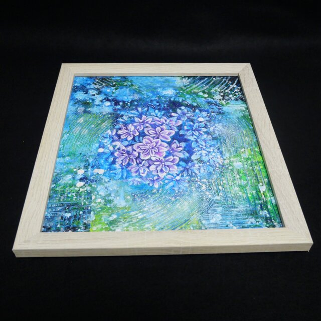 油彩画 原画『万華鏡のなかの雨音』あじさいの絵 額付き｜初夏の