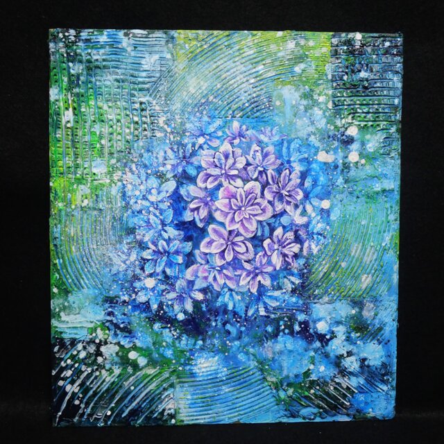 油彩画 原画『万華鏡のなかの雨音』あじさいの絵 額付き｜初夏の