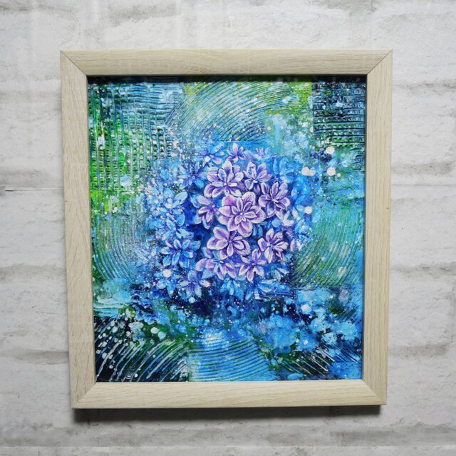 油彩画 原画『万華鏡のなかの雨音』あじさいの絵 額付き｜初夏の