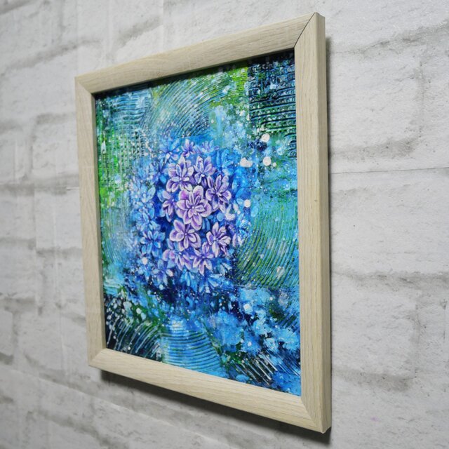 油彩画 原画『万華鏡のなかの雨音』あじさいの絵 額付き｜初夏の
