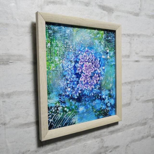 油彩画 原画『万華鏡のなかの雨音』あじさいの絵 額付き｜初夏の